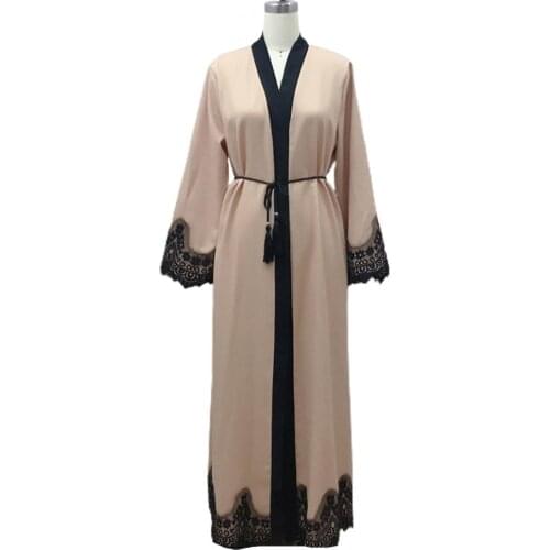 Women Dress Open Front Long Sleeve Lace Patchwork Belt Maxi Robe Cardigan Gown Sets Sleepwear Sexy Stylish Underwear