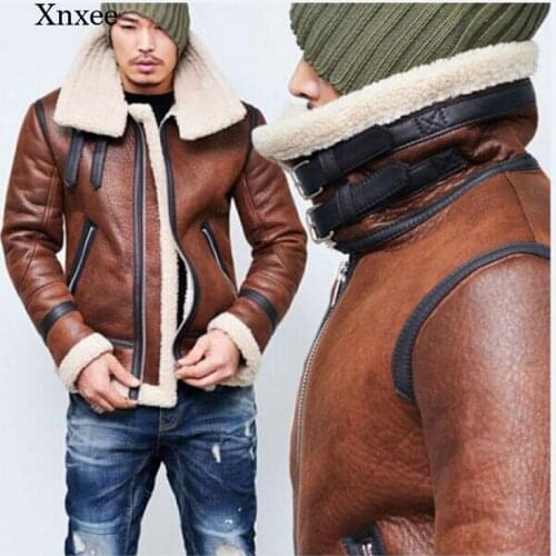 Winter Warm Mens Fur Belt Faux Leather Jacket High Collar Lining Long Sleeve Leather Aviator Winter Jacket