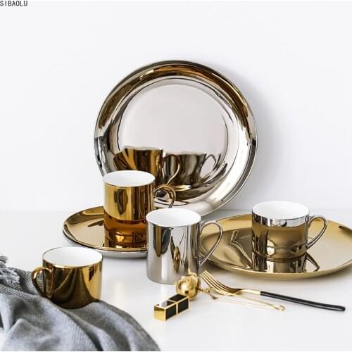 1PC Simple Ceramic Coffee Mug Bone Porcelain Water Cup Dinner Plate Couple Cups Gold Plated Drinkware 8 /10 inch Dessert Plate