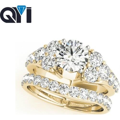 QYI 14K Solid Yellow Gold Engagement Ring Sets 1ct Round Cut Simulated Diamond Bridal Jewelry Women Wedding Ring