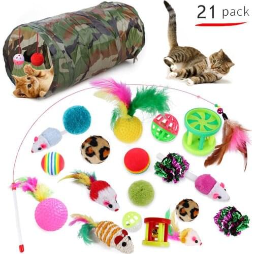 21Pcs/Set Cat Toy Teaser Stick Toys Kittens Small Feather Mouse Plush Ball