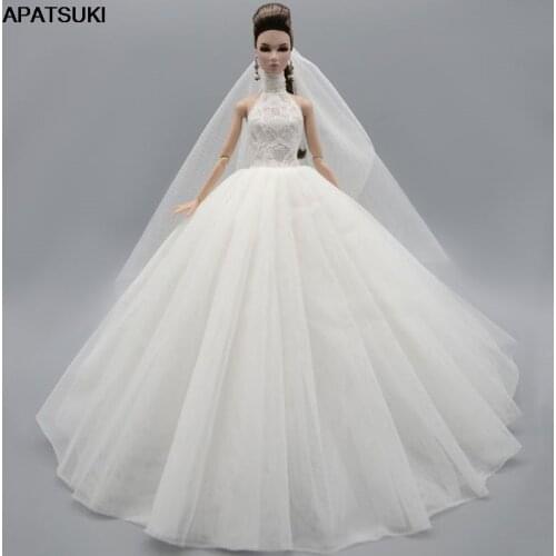 White High Neck Fashion Wedding Dress For Barbie Doll Outfits Princess Evening Party Gown Long Dresses Doll Clothes & Veil Toy