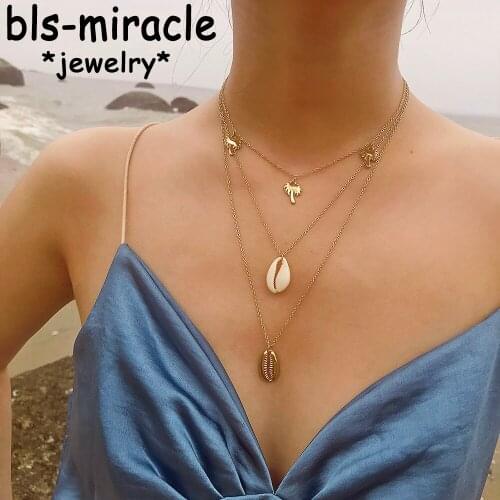 Bls-miracle 2018 New Boho Multi-layer Necklace For Woman Coconut Tree Pendant Alloy Necklace Shell Choker Jewelry Drop shipping