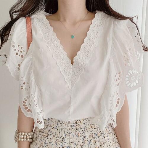 Blusas Solid Shirt womens hollow out fly Sleeveless deep V-neck elegant Summer 2021 New Cotton White Black Lace Ladies top 91F