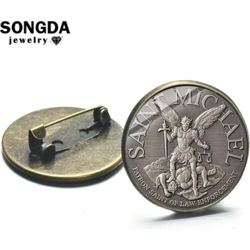 SONGDA Archangel St.Michael Brooch Protect Me Saint Shield Protection Justice Sign Glass Dome Lapel Pins Button Christian Badges