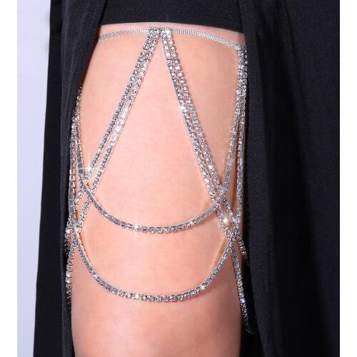 Fashion Rhinestone Elasticity Multi Layered Thigh Chain on Leg Female Rave Outfit Crystal Body Chain Bikini Jewelry Belt Gifts
