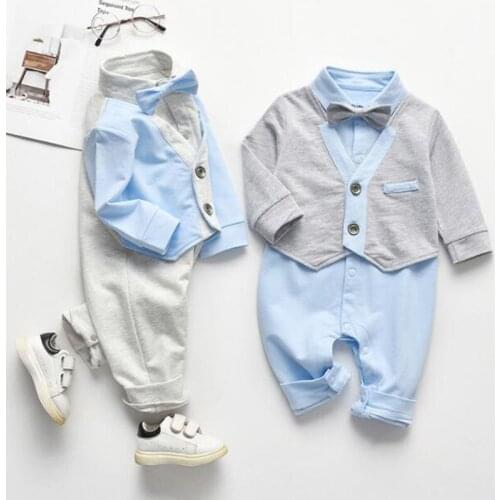 Autumn Spring Newborn Kids Boys Gentleman Fake Two Piece Jumpsuits Clothes Baby Boys Long Sleeve Rompers Children Rompers