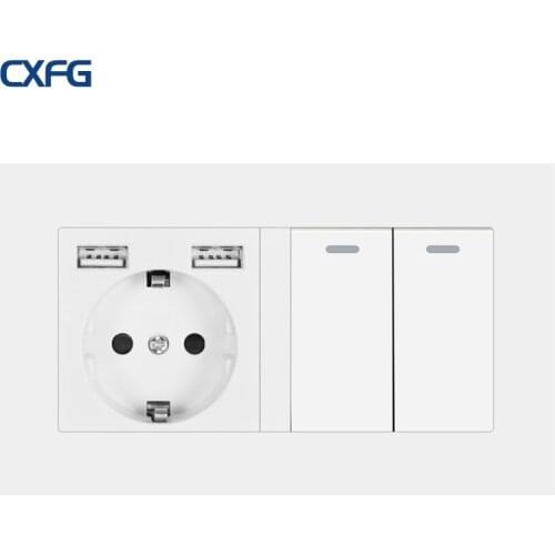 CXFG EU Standard 146 Double Socket, 16A Wall Power Socket With USB Charging. With Push Button Panel Light Switch 1/2gang Socket