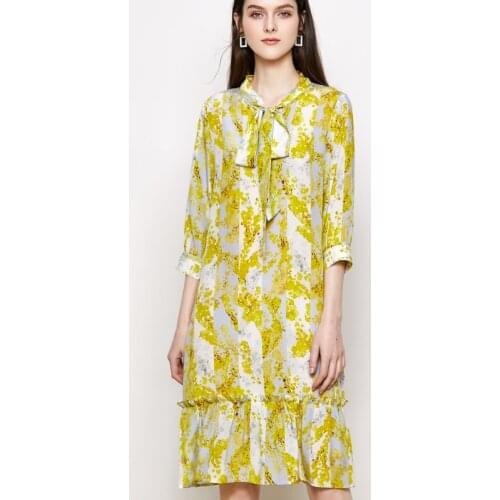 Quality Fashion Real Silk Print Floral Dress 100% Mulberry Silk Loose A-line Dress M L XL Free Shipping