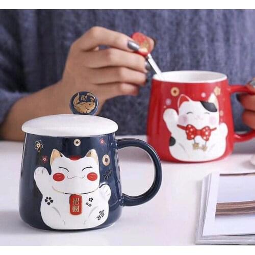 Ceramic Cute Cartoon Lucky Cat Coffee Milk Mug with Lid and Spoon Creative Breakfast Water Cup Office Tea Cup Wedding Gift