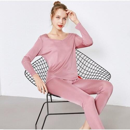 Womens Winter Womens Knitting Real Silk V-neck Warm Underwear Set Silk Thin Foundation Bottom Shirt Autumn Clothes Autumn Pant