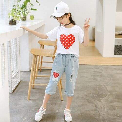 Girls Clothing Set Summer Clothes for Girls Short Sleeve Printing Heart + Ripped Jeans Shorts Kids Outfits Size 6 8 10 12 Years