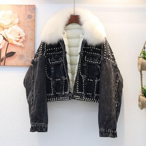 Short Winter Down Coats For Women Rivet Denim Jeans Jacket Ladies Removable Liner Parka Coat Woman Warm Fox Fur Collar Coat Tops