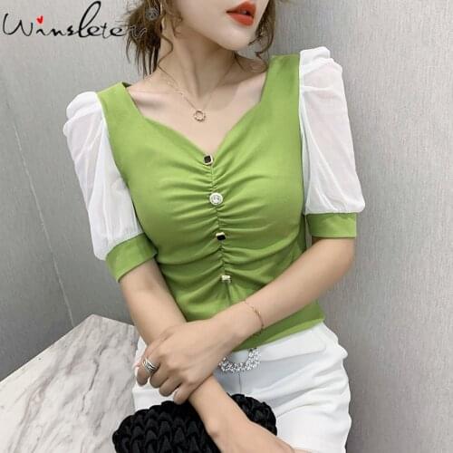 Summer Korean Style Cotton T-Shirt Fashion Sexy V-Neck Elegant Women Tops Patchwork Puff Sleeve Bottoming Shirt Tees New T14703A