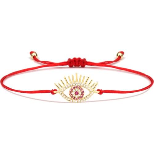 Cute White&Purple Shiny Cubic Zirconia Stones Round Evil Eye Charm Bracelet Women Red String Good Luck Protect Eyelash Jewelry