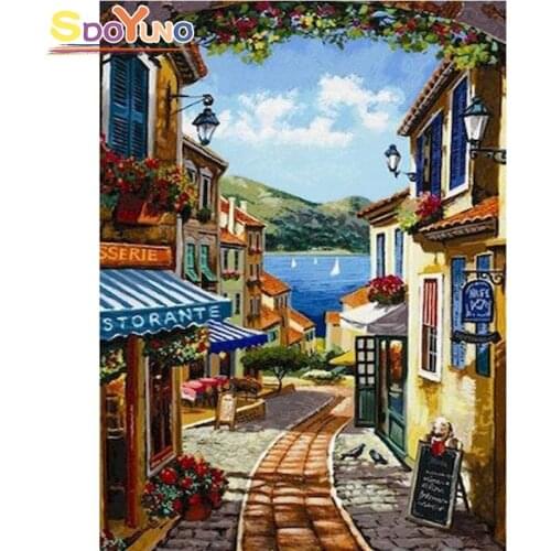 SDOYUNO Coloring By Numbers Small Town Street DIY Painting Set Oil Paints 40x50 Picture By Numbers Kit Wall Picture Crafts Decor