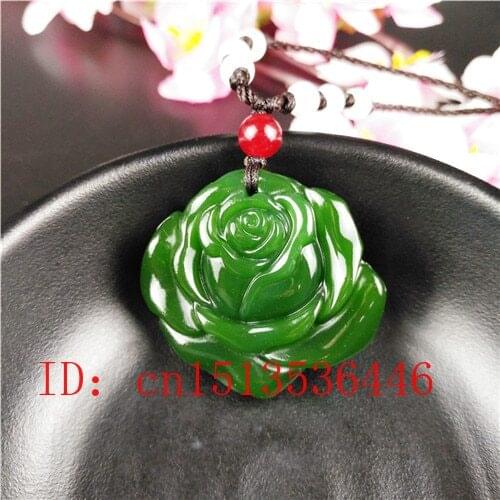 Natural Green Chinese Rose Carved Jade Pendant Flower Necklace Charm Jewellery Fashion Lucky Amulet Gifts