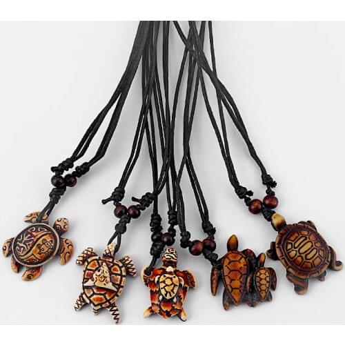Wholesales 5pcs Mixed Styles Faux Yak Bone Ethnic Tribal Brown Sea Turtle Surfer Pendants Necklace Black Wax Cotton Cord