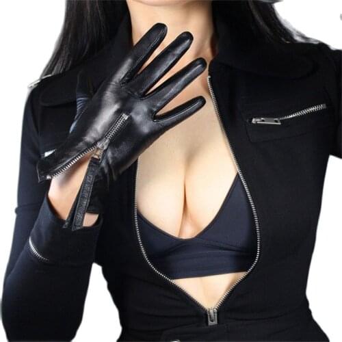 Real Leather Gloves Touchscreen 21cm Short Section Pure Imported Goatskin Bright Black Female Touch Silver Zipper WZP10