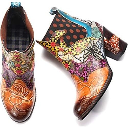 Retro Ethnic Style PU Boots Women Printing Zipper High Heel Rubber Short Boots Elegant Shoes Women Footwear New Botas Mujer