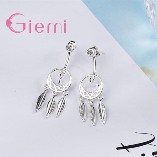 Genuine Silver Moon Hollow Dangle Tassel Big Drop Earrings Double Style Women Party Office Dress Up Beautiful Jewelry