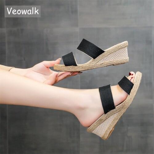 Veowalk Bohemian Women Handmade Linen Cotton 6cm Wedge Heel Slides Ladies Hemp Platform Espadrilles Slippers Comfortable Shoes