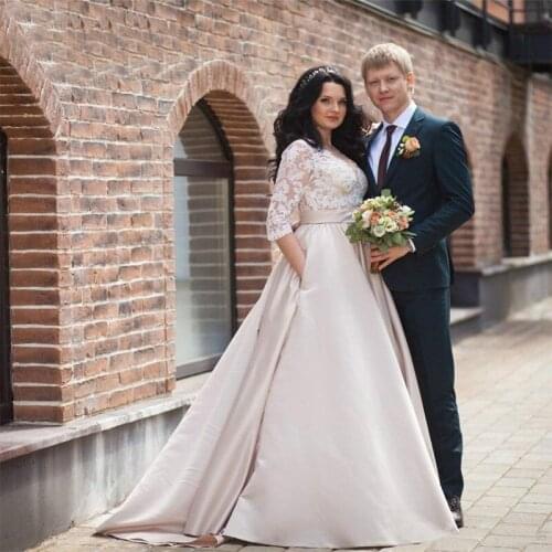 Champagne Wedding Dress Half Sleeve with Pocket Lace Bride Dresses Popular Robe de Mariee Wedding Party Gown Plus size Mariage