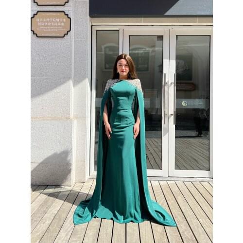 Green Red White Gowns Fashion Ladies Bling Eveningdress Long Cape Sleeve Luxury blue Host Dress1710 For Women Party Formal