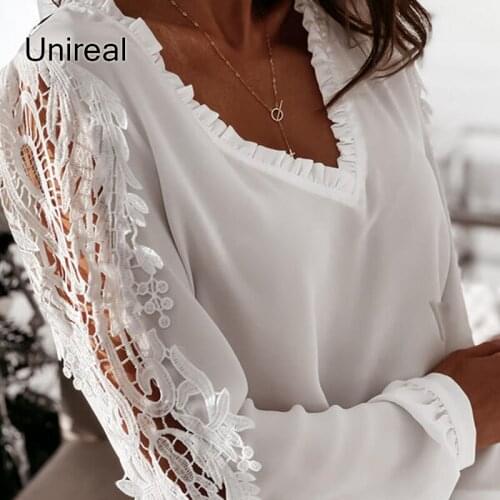 Unireal 2021 Summer Women Chiffon Blouse Long Sleeve White Lace Hollow Out Sexy Blouse Vintage Beach Tops