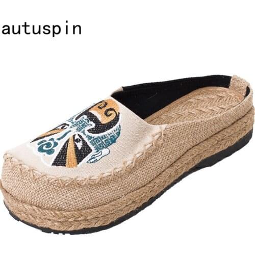 Autuspin Chinese Style Retro Women Shoes Embroidery Round Toe Platform Flats Outside Casual Linen Shoes Black Red Green Beige