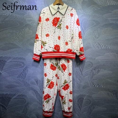 Seifrmann Women Summer Fashion Runway Pants Set Lantern Sleeve Loose Tops + High Waist Print Lantern Pants 2 Two Pieces Suits