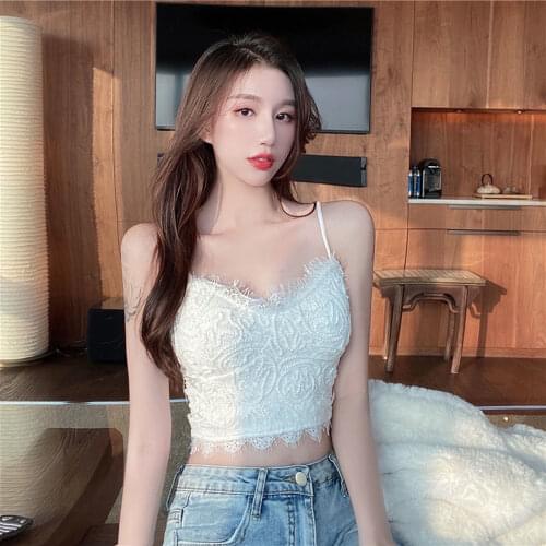 Summer Backless Lace Camisole Women Crop Tops Ladies Sexy Strap Breathable Vest Top All-match One-piece Detachable Chest Pad