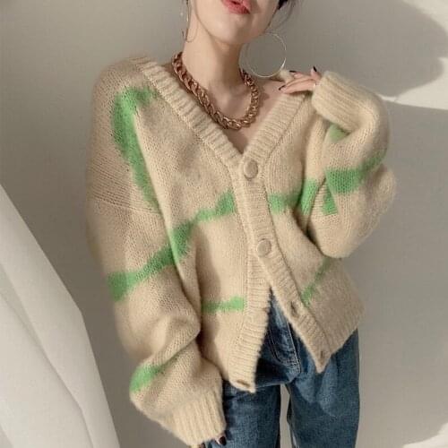 Contrasting Color V-neck Women Knitted Sweater Cardigan Casual Long Sleeve Knitwear Coat Spring Fall Korean Vetement Femme 2021