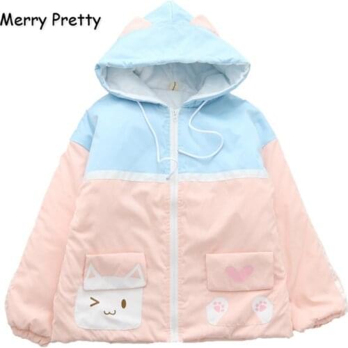MERRY PRETTY Womens Cartoon Print Harajuku Cotton Coat Patchwork Coat Jackets 2020 Winter Long Sleeve Hooded Warm Parka Coat