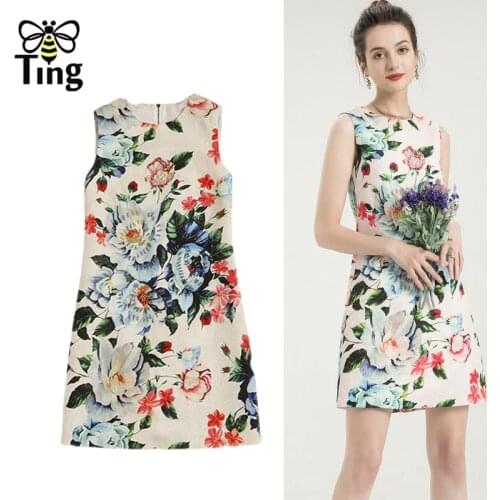 Tingfly Runway Luxury Beading Women Casual Tank Dress Summer Sleeve Flower Print Mini Short Dress Plus Size Vestidos Zaful Chic