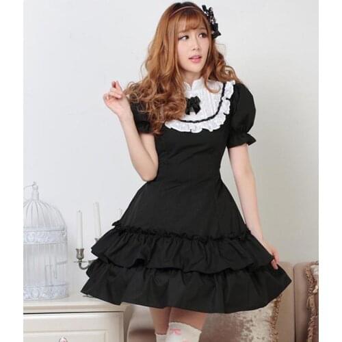 Plus size Solid Black Royal Style Princess dress short puff sleeve ruffles hem bow tie maid Lolita girl Cos maiden women dress