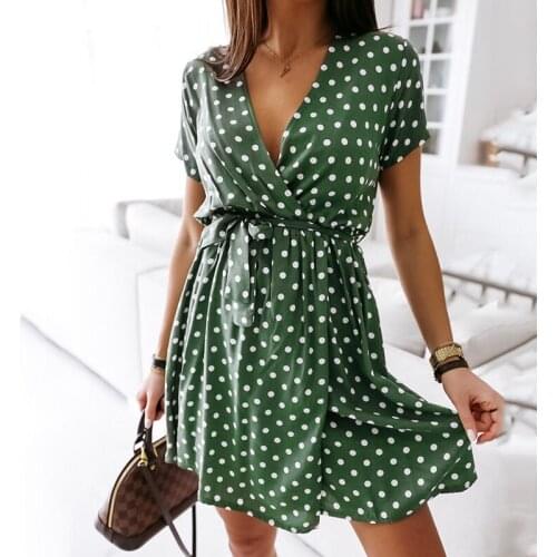Foridol casual polka dot print dress women summer autumn loose green beach dress with belt v neck short dres vestidos