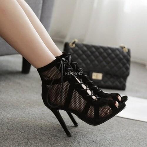 2021Fashion Black Summer Sandals Lace Up Cross-tied Peep Toe High Heel Ankle Strap Net Surface Hollow Out Sandal Platform Heels