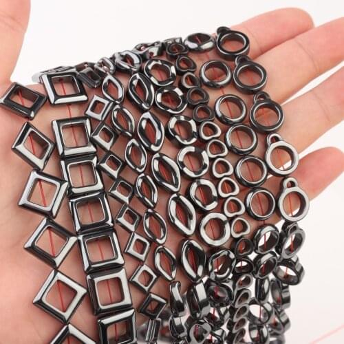 Natural Stone Beads Black Hematite Square Heart Round Loose Spacer Beads Hollow Out Beads For DIY Jewelry Making Bracelet 15