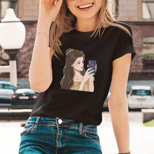 Beauty and the Beast Women Black T Shirt Girl Harajuku Belle Princess Graphic Tops Kawaii Female Disney T-shirt,Drop Ship