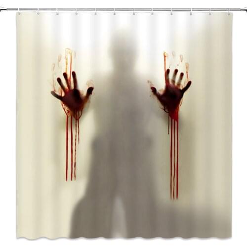 Halloween Shower Curtains Horror Blood Handprint Hazy Silhouette Help Me Holiday Themed Bathroom Decor Polyester Curtain Set
