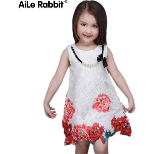 Girls Sleeveless Lace Dress Necklace Flower Dress Childrens Clothes Girls Costume k1