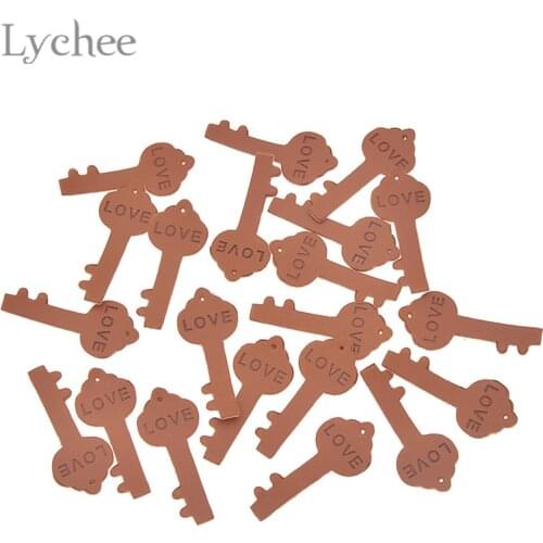 Lychee Life 20pcs Love Key Shaped PU Leather Labels Embossed Tags for Garment Bags DIY Sewing Accessories