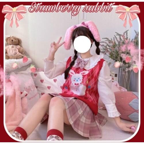 Strawberry Rabbit Cute Womens Knitted Vest Loose Sweater Pullovers Fall,Winter Tanks Cute Girls Color Red Preppy Style