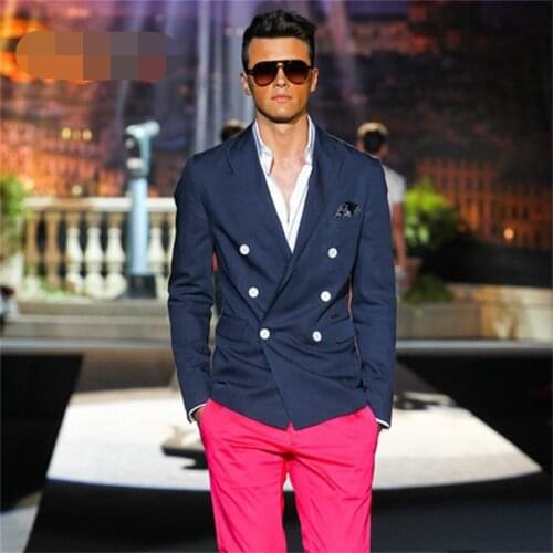 Mens slim casual small suit spring and autumn jacket British style blue double-breasted retro small suit short jacket