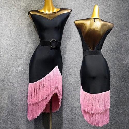 2020 Latin Dance Dress Women Sexy Fringe Dress Black Gauze Pink Tassels Skirt Tango Flamengo Adult Black Latin Dress Wear VDB507