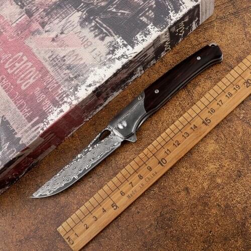 Outdoor Damascus steel wooden handle camping survival pocket hunting self-defense sharp high hardness EDC tool folding knife