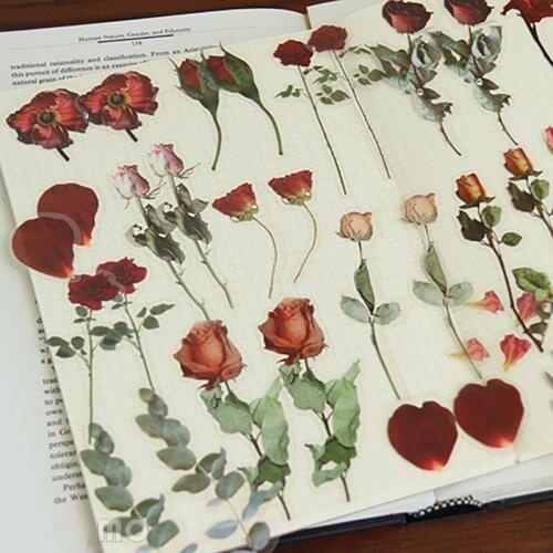 Vintage Rose Dried Flower Sticker DIY Scrapbook Collage Phone Diary Album Happy Plan Gift Seal Waterproof Sticker