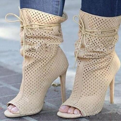 ASHIOFU Handmade Ladies High Heel Boots Peep-toe Sexy Party Prom Autumn Booties Large Size Lace-up Fashion Evening Boots Shoes