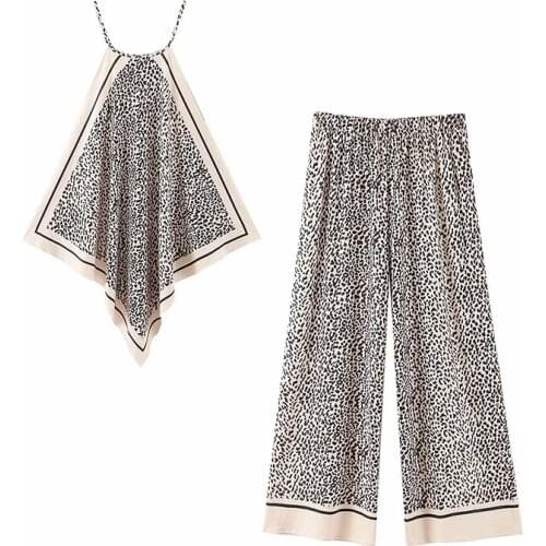 Summer 2Pcs Women Sets Leopard Print Halter Tops Loose Long Pants Streetwear Casual England Style Women Clothes Set